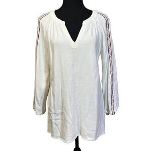 Soft Surroundings Linen Blend Tunic Top Large Cream Red Embroidered Boho Coastal